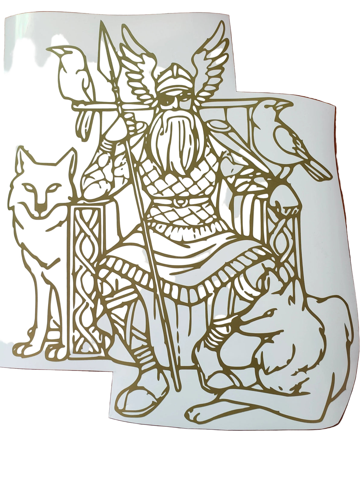 A vinyl sticker featuring an illustration of Odin, the Norse god, seated with two wolves at his feet. The sticker is predominantly white with gold accents.